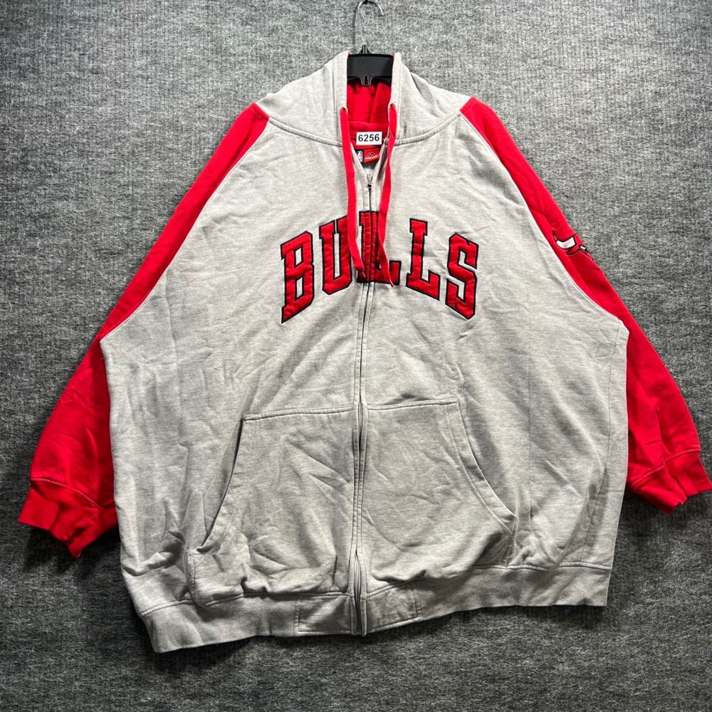 Majestic NBA Chicago Bulls Full Zip Hoodie Grey Red Mens 4XL